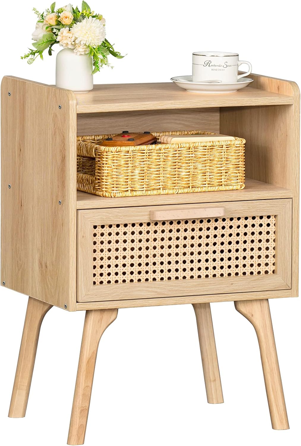 Rattan nightstand with drawer and shelf