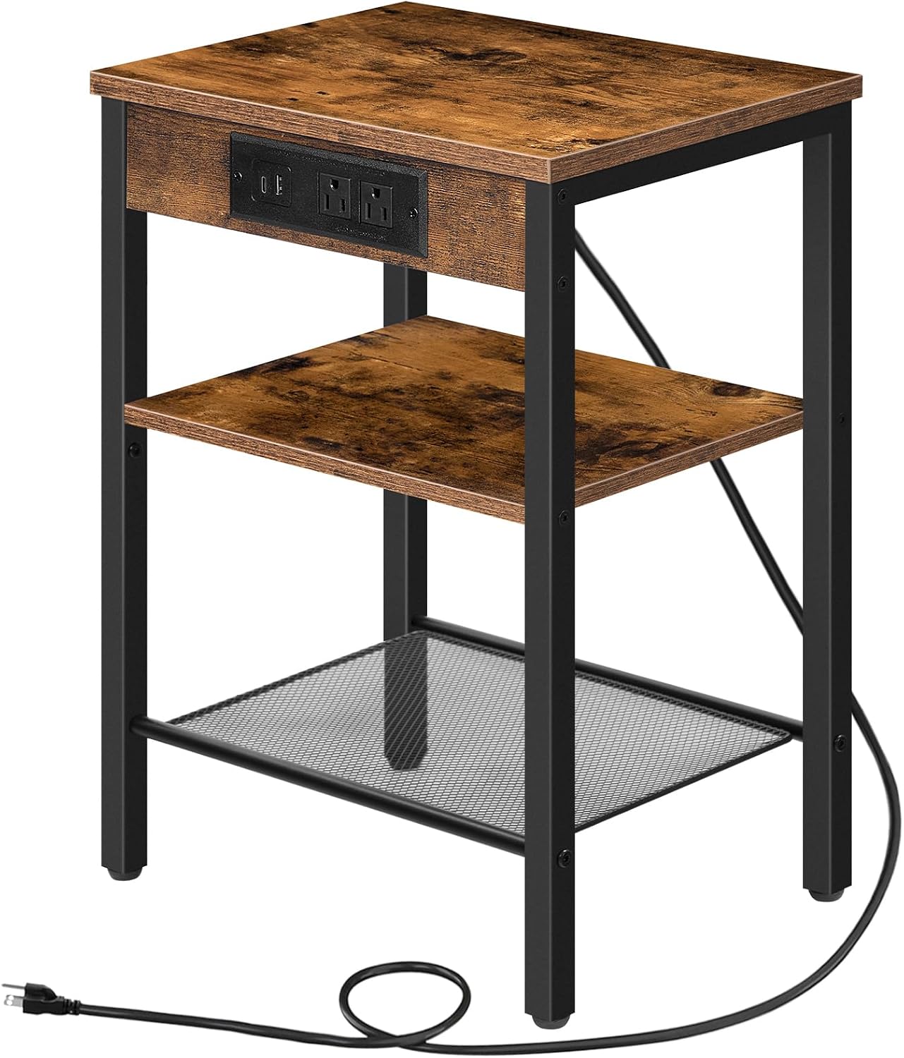 Side table with charging station and shelf